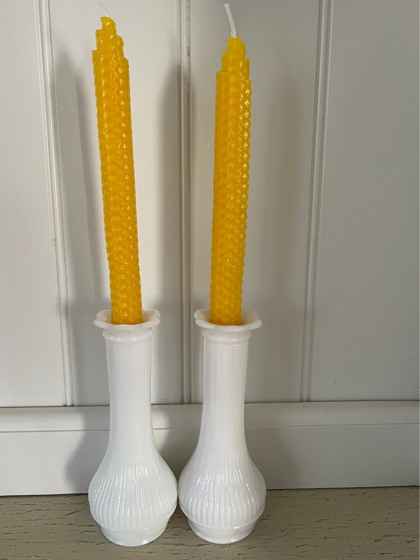 Vintage Loeffler Randall White Milk Glass Bud Vase Pair- Scalloped Daisy Flower Petal Lip - 6" High