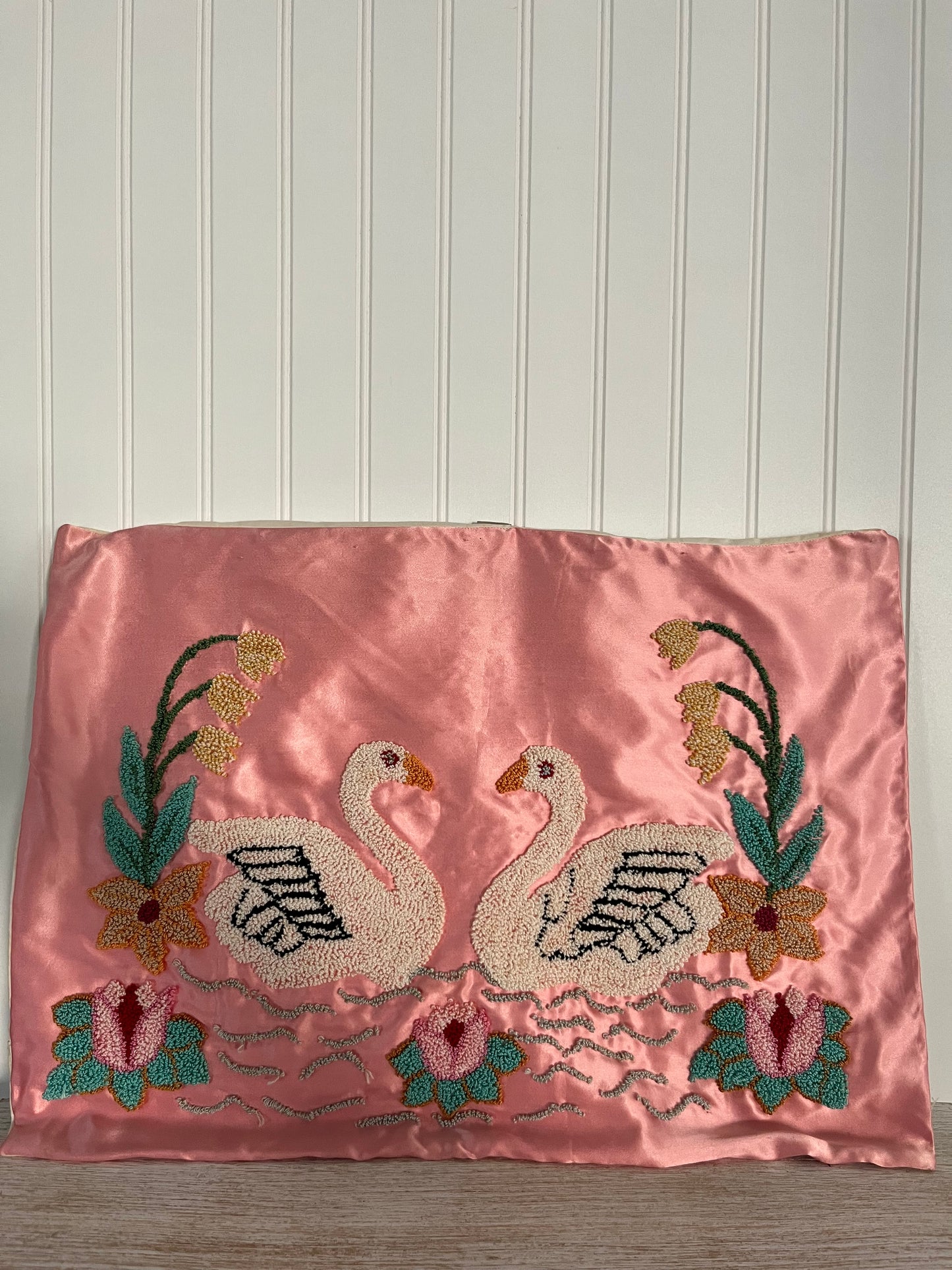 Circa 1930’s Vintage Embroidery Swan 2D Silk Linen Art Deco Hand Embroidered Crewel French Knot Boudoir Pillowcase
