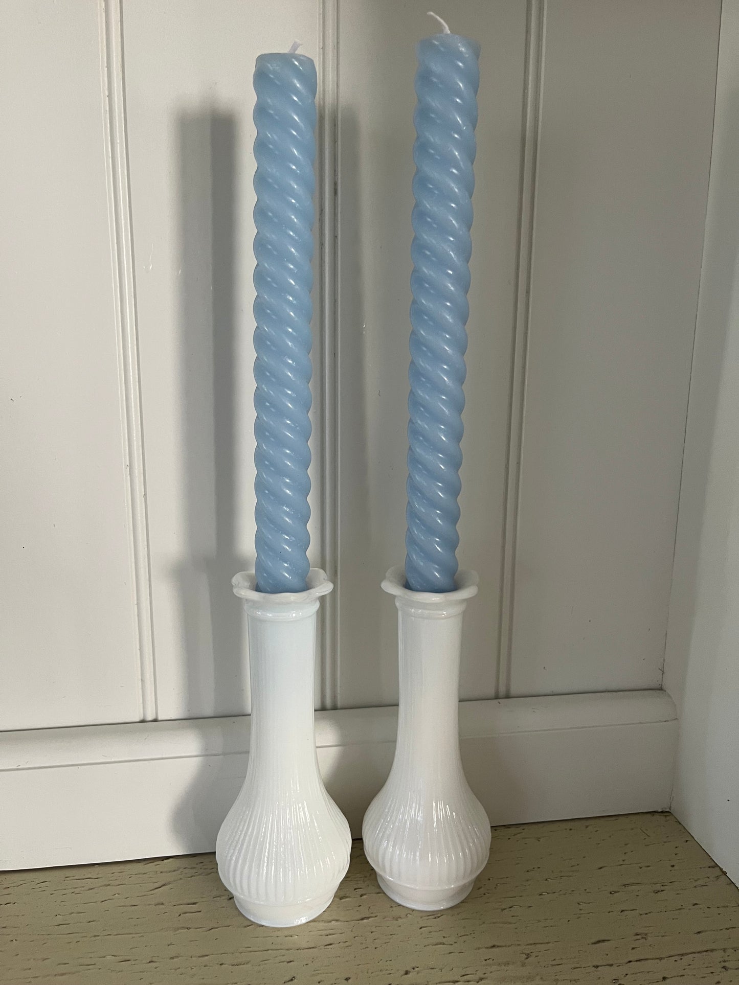 Vintage Loeffler Randall White Milk Glass Bud Vase Pair- Scalloped Daisy Flower Petal Lip - 6" High