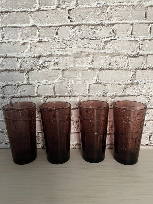 1980s Set of 6 Crisa Amethyst Leaf-Imprint Drinking Glasses –