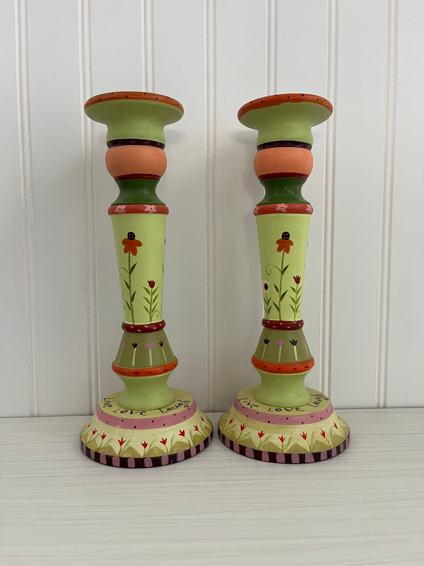 Circa 2005 Tracy Porter Style Hand-Painted Wood Candlesticks - Whimsical Folk Art