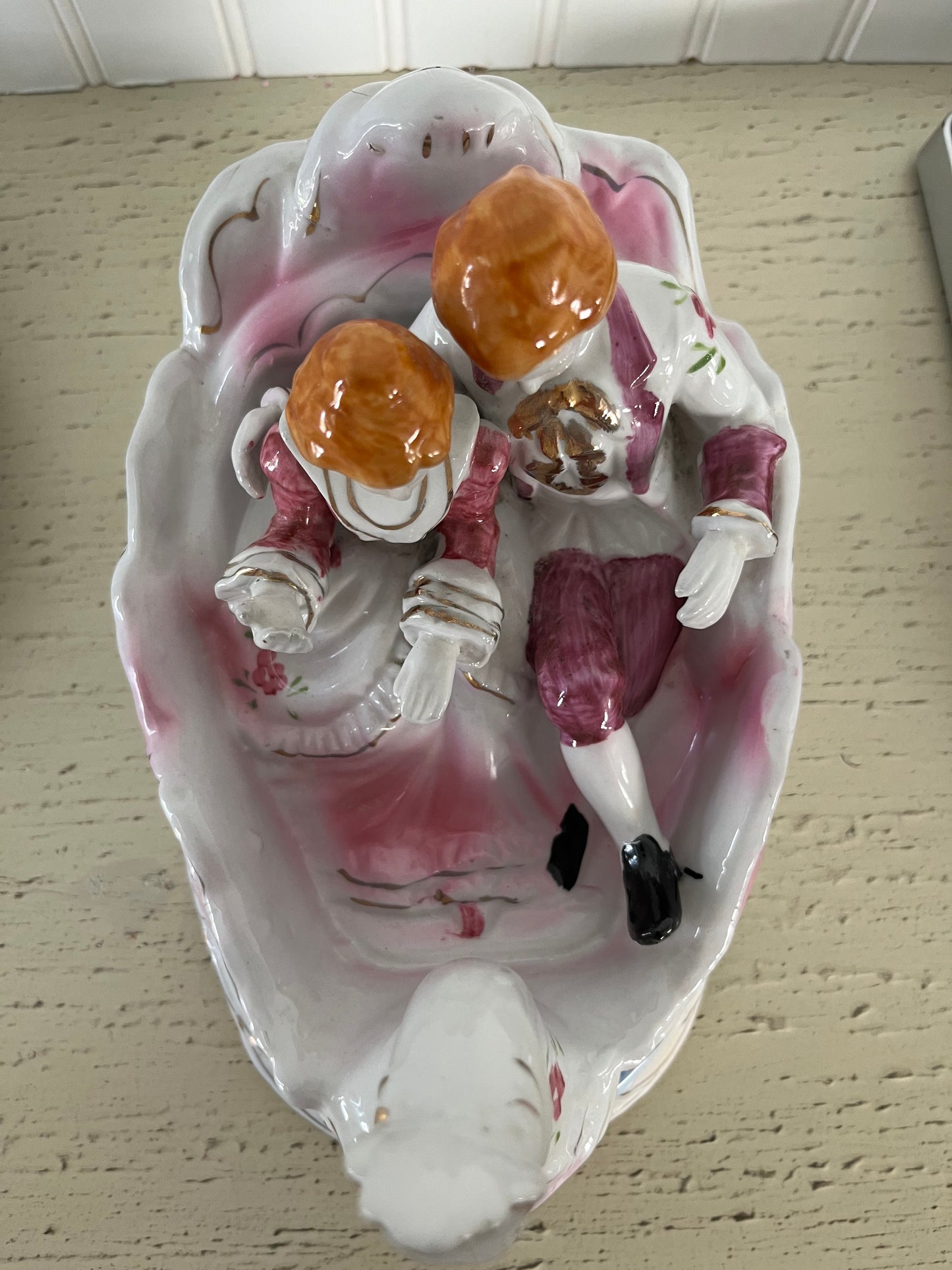 1950’s Mid Century Vintage Mirtex Porcelain Swan Boat with Victorian Couple -