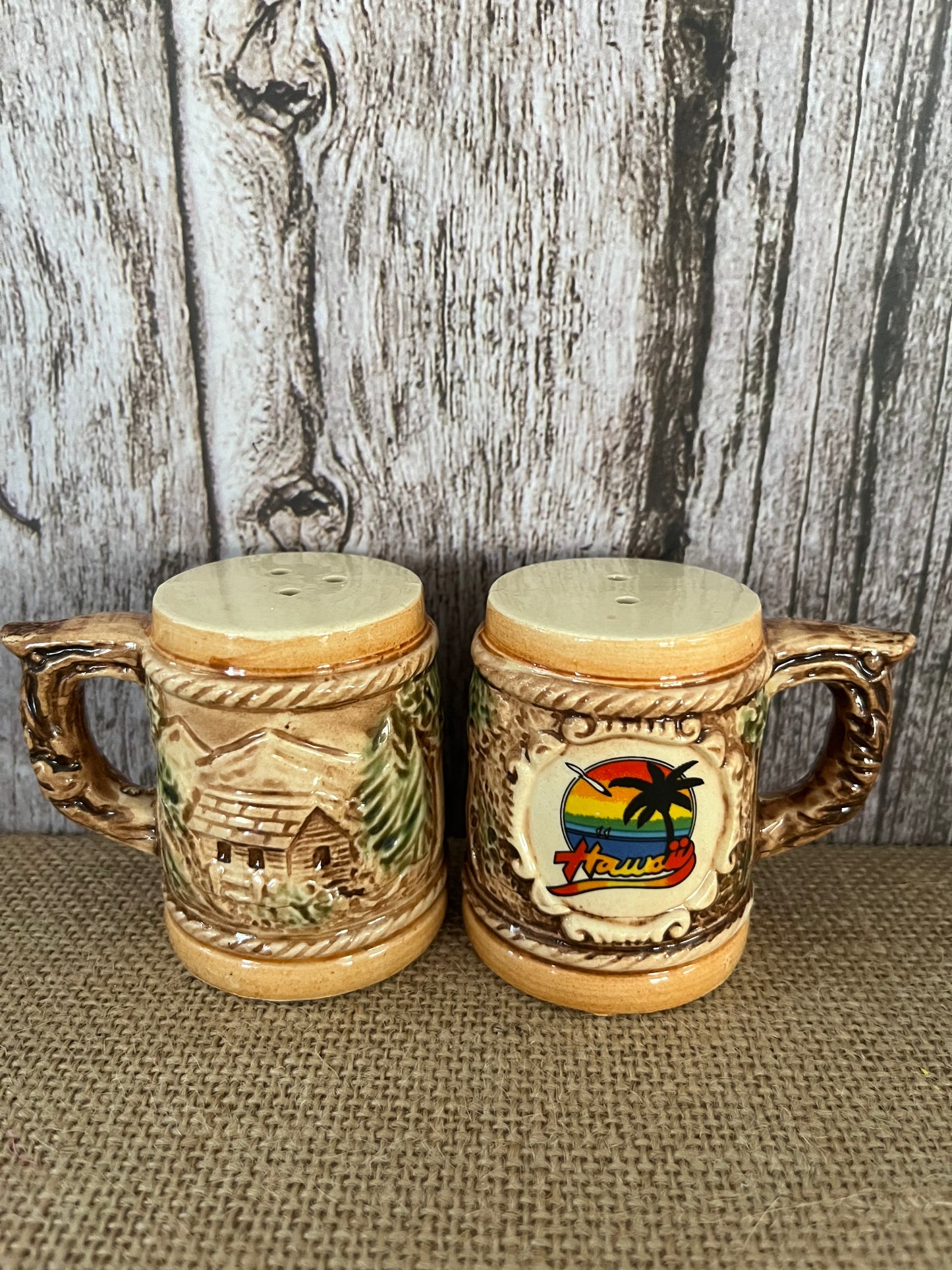 Vintage Circa 1960’s Aloha Tiki Ceramic Salt & Pepper Set | Vintage German Beer Stein Style | Hawaii Transfer Design
