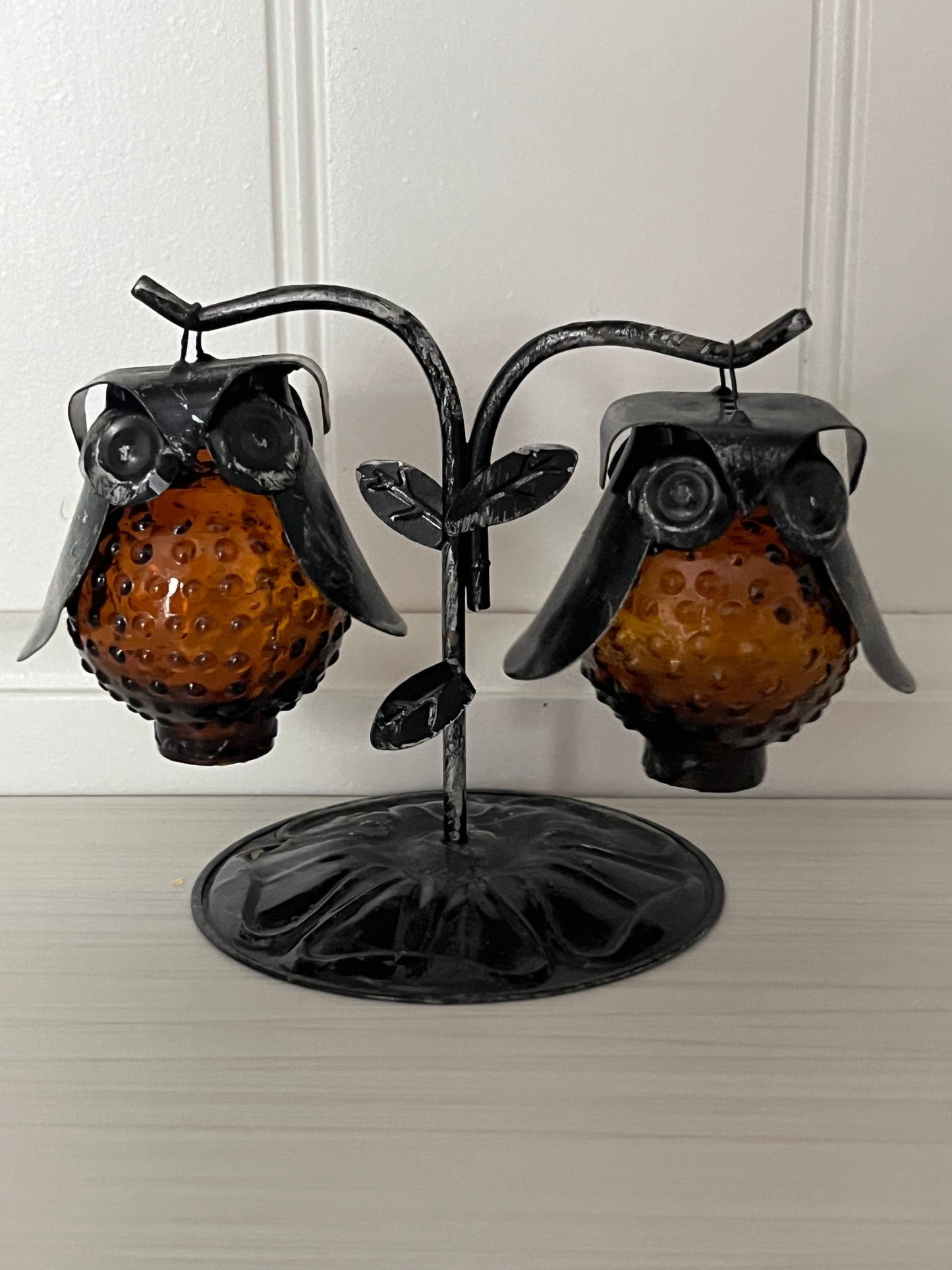 Vintage Brown Hobnail Glass Owl Salt & Pepper Shaker Set with Black Metal Tree Stand (c. 1960s–1970s)