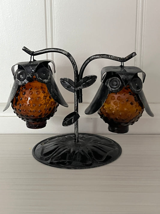 Vintage Brown Hobnail Glass Owl Salt & Pepper Shaker Set with Black Metal Tree Stand (c. 1960s–1970s)