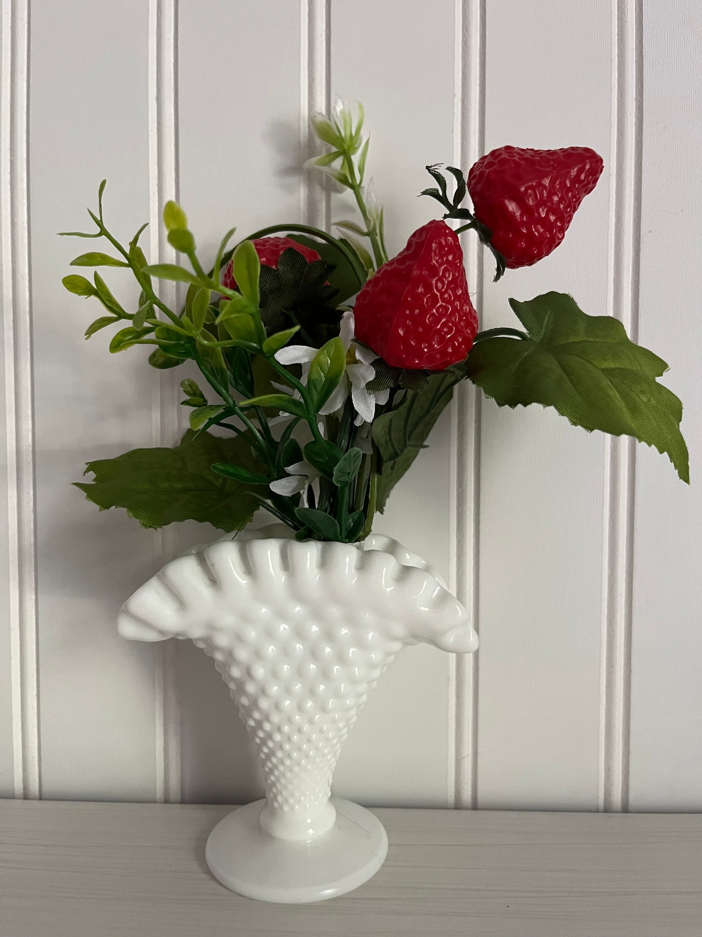 Vintage MCM Fenton Hobnail White Milk Glass Small Fan Vase - Ruffled Top