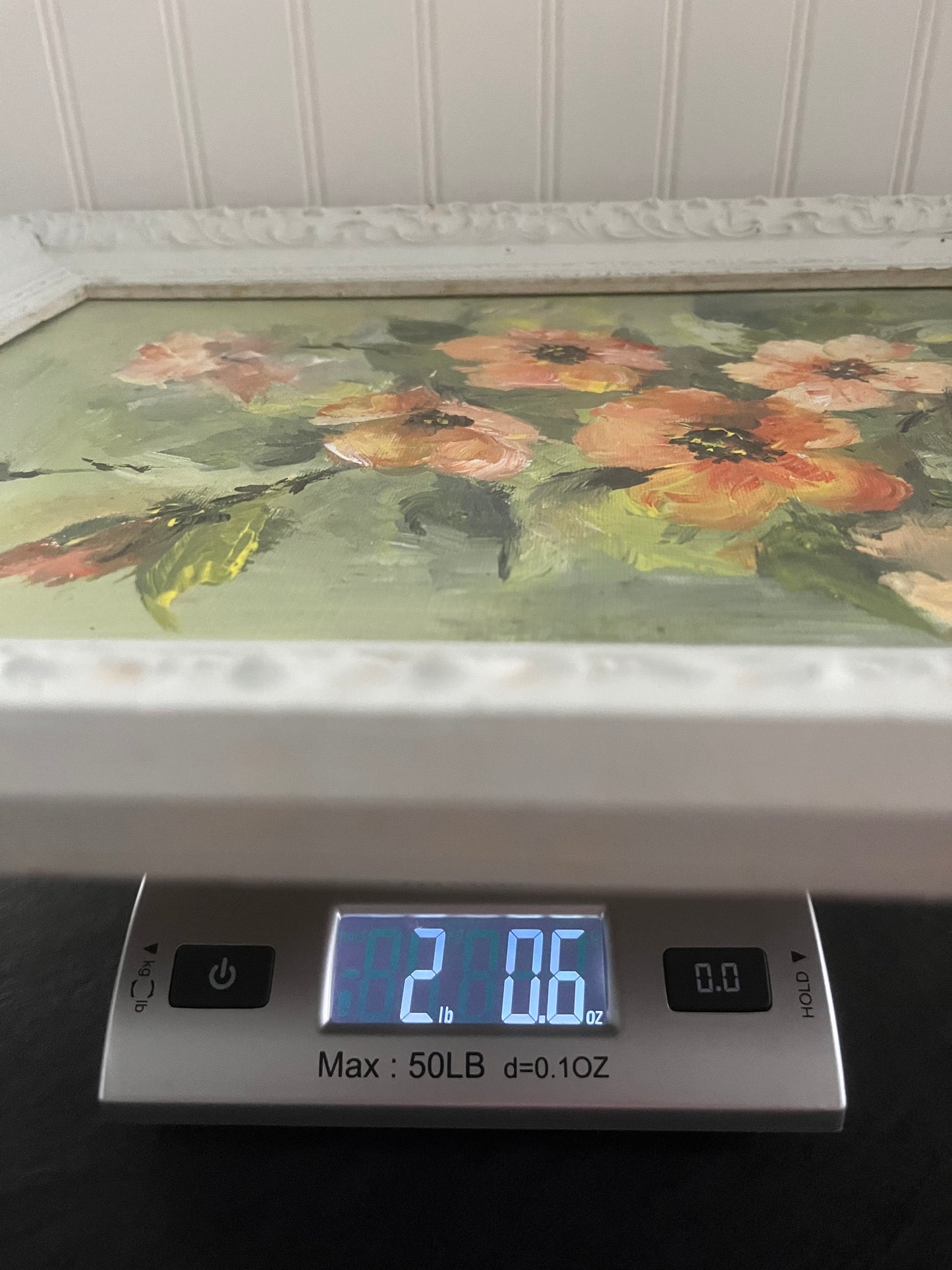 Vintage Original Orange Poppies In Green Oil Painting in White Weathered Frame