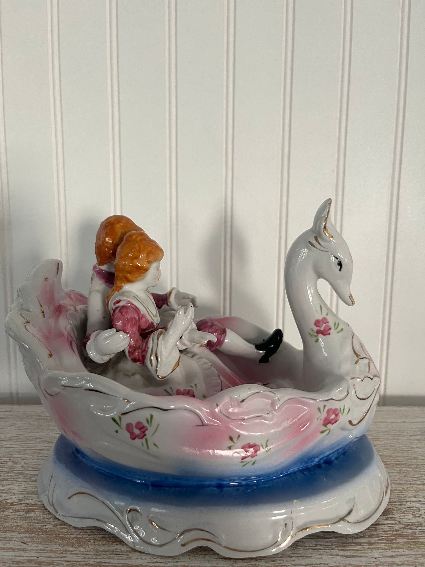 1950’s Mid Century Vintage Mirtex Porcelain Swan Boat with Victorian Couple -