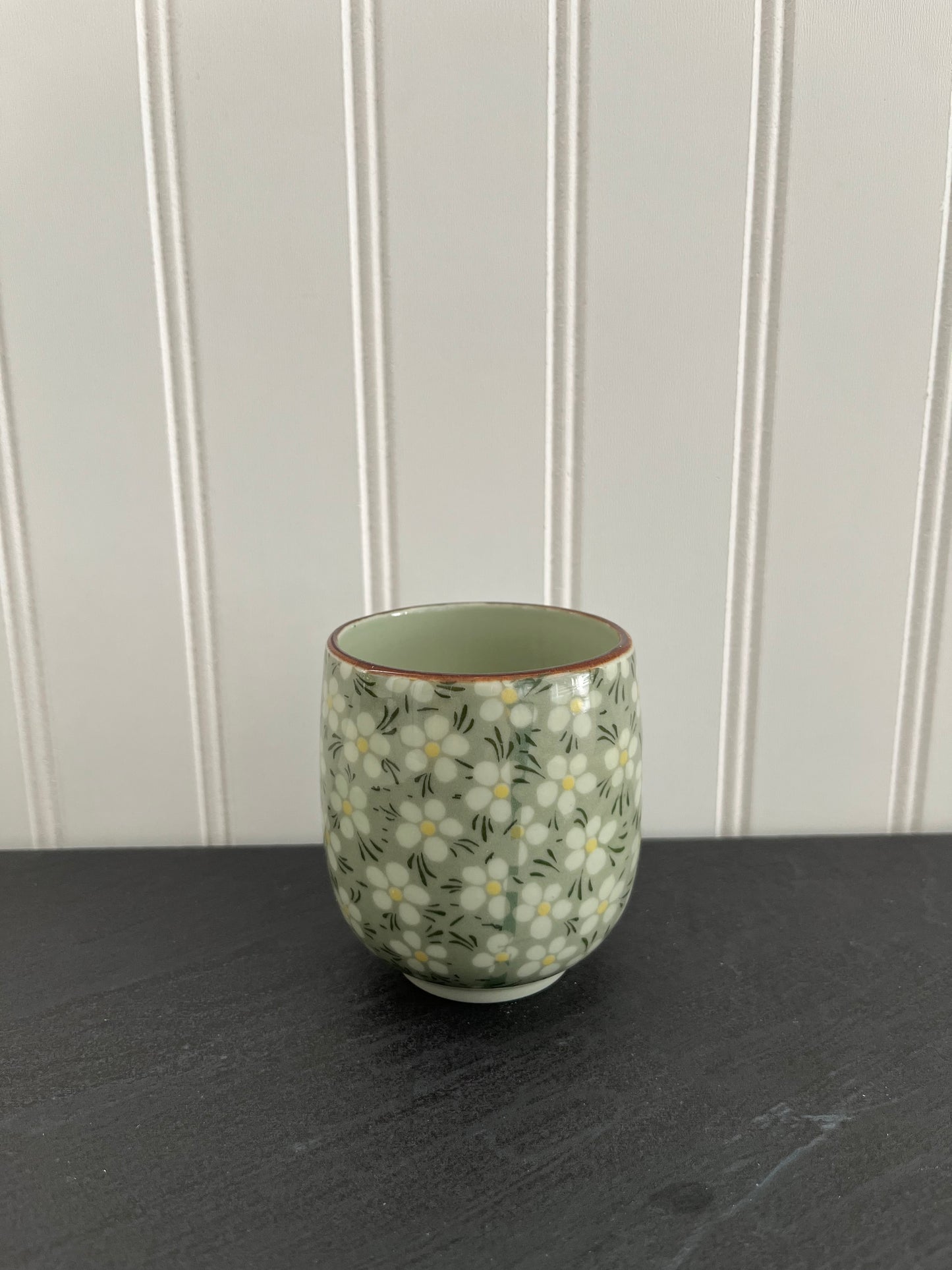 Vintage Japanese Daisy Sage Green Teacup - Asian Style Porcelain Hand Painted Floral Cup