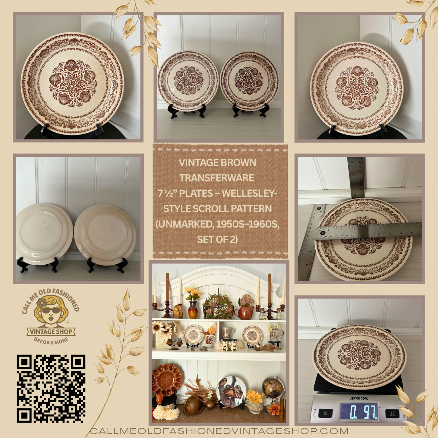 Vintage Brown Transferware Bread & Butter Plates – Wellesley-Style Scroll Pattern (Unmarked, 1950s–1960s, Set of 2)