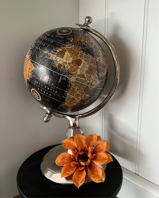 Modern Black & Bronze Decorative Globe with Hammered Nickel Base — Contemporary Explorer’s Desk Accent (c. 2010s)