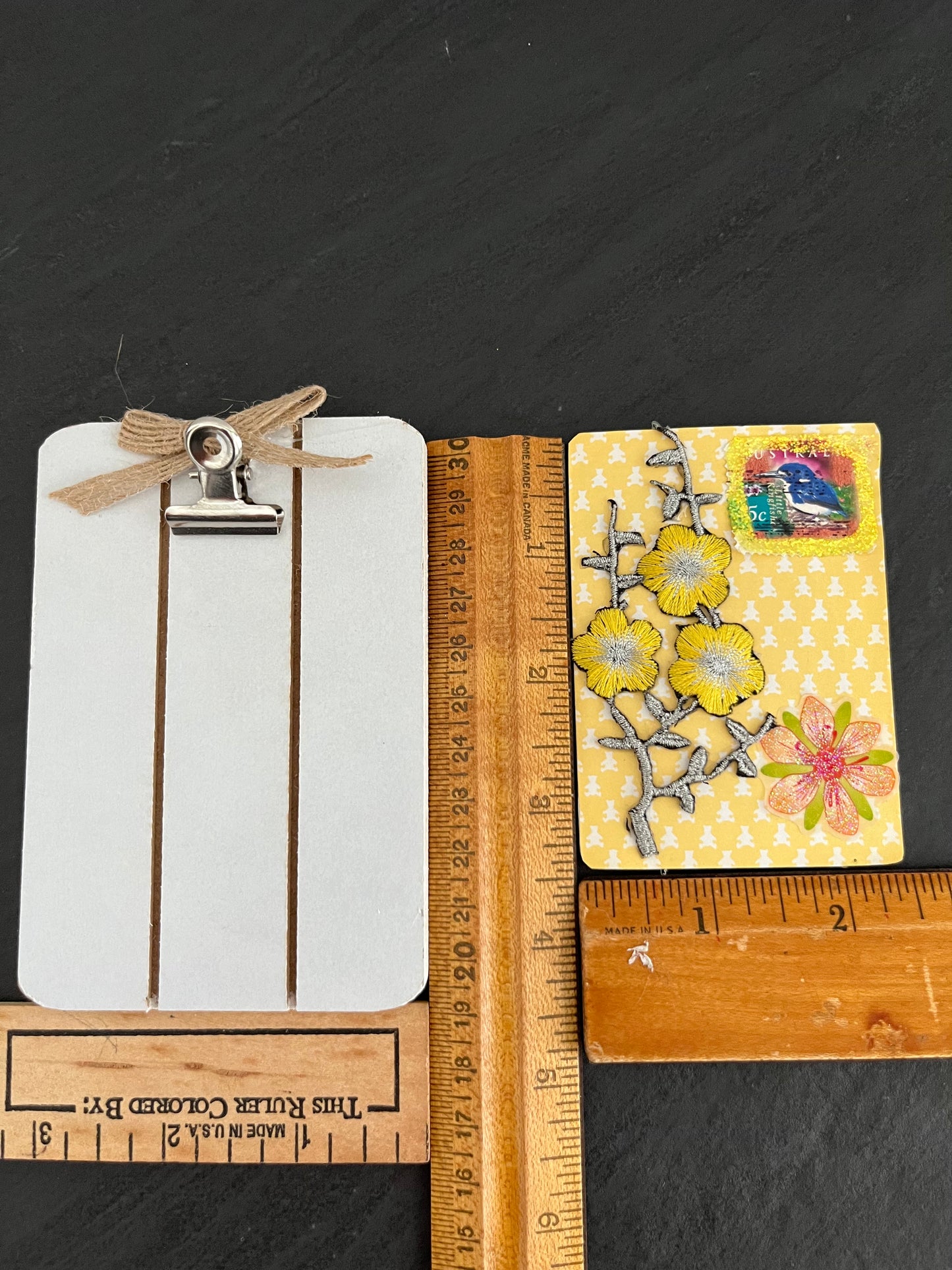 Modern 2011 Artist Original Art Card: Mixed Media with Blue Kookaburra Bird Stamp Design and Yellow Flowers