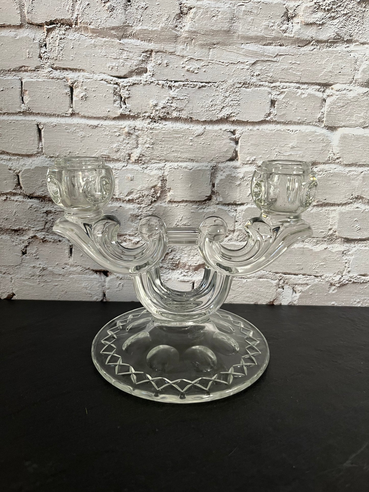 Set of 2 1930s Fostoria “American” Pattern Double Arm Candelabra – Depression Era Pressed Glass
