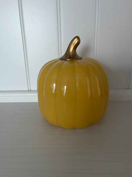 Modern Yellow Ceramic Pumpkin Décor with Gold Stem (Contemporary Fall Accent, 8”)