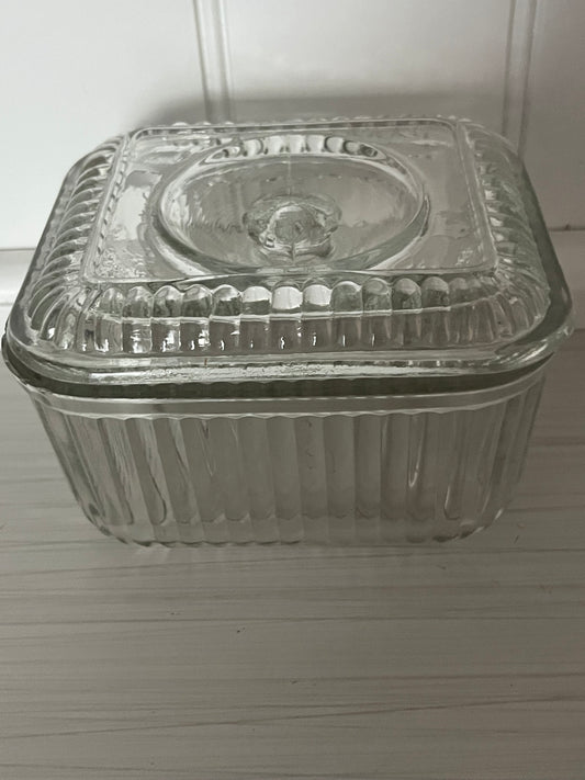 Vintage Ribbed Glass Refrigerator Dish with Lid 1940’s