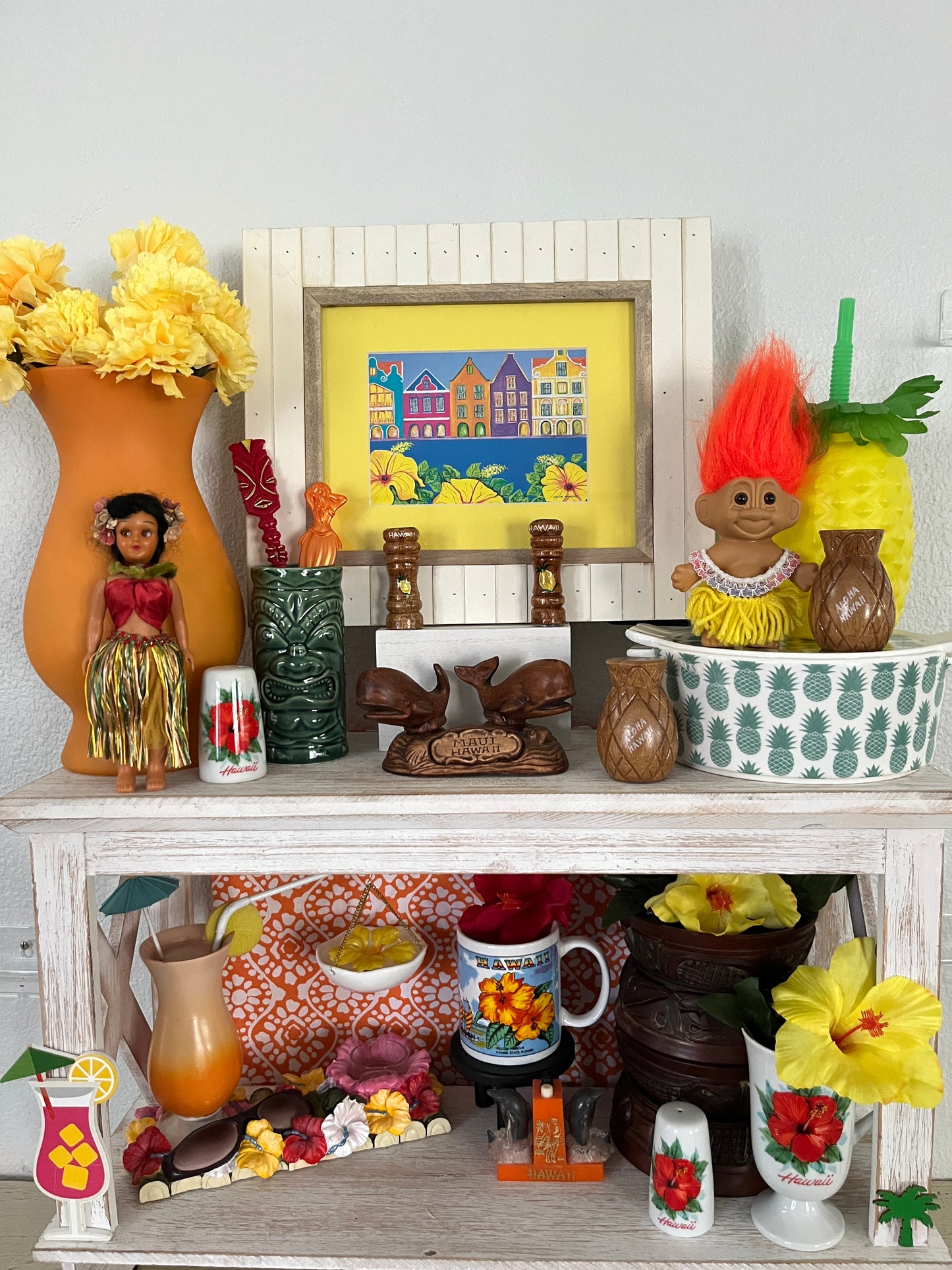 Nena Sanchez “Waterkant Curaçao” Print Framed Wall Art - Vibrant Caribbean Houses & Hibiscus 14” x 12”