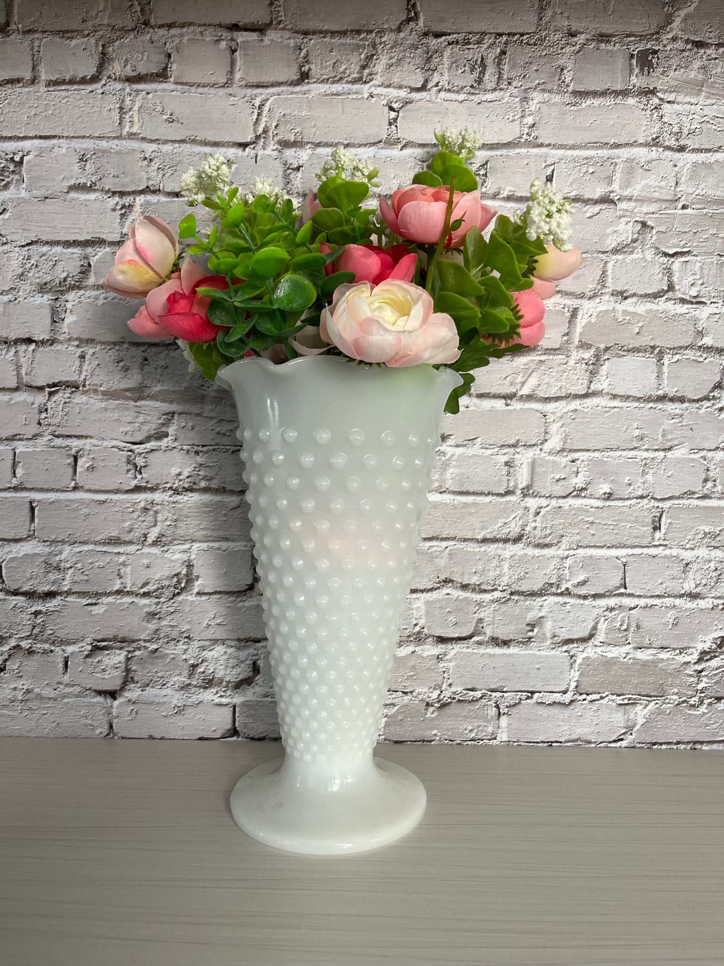 MCM Anchor Hocking Hobnail Milk Glass Trumpet Flower Vase