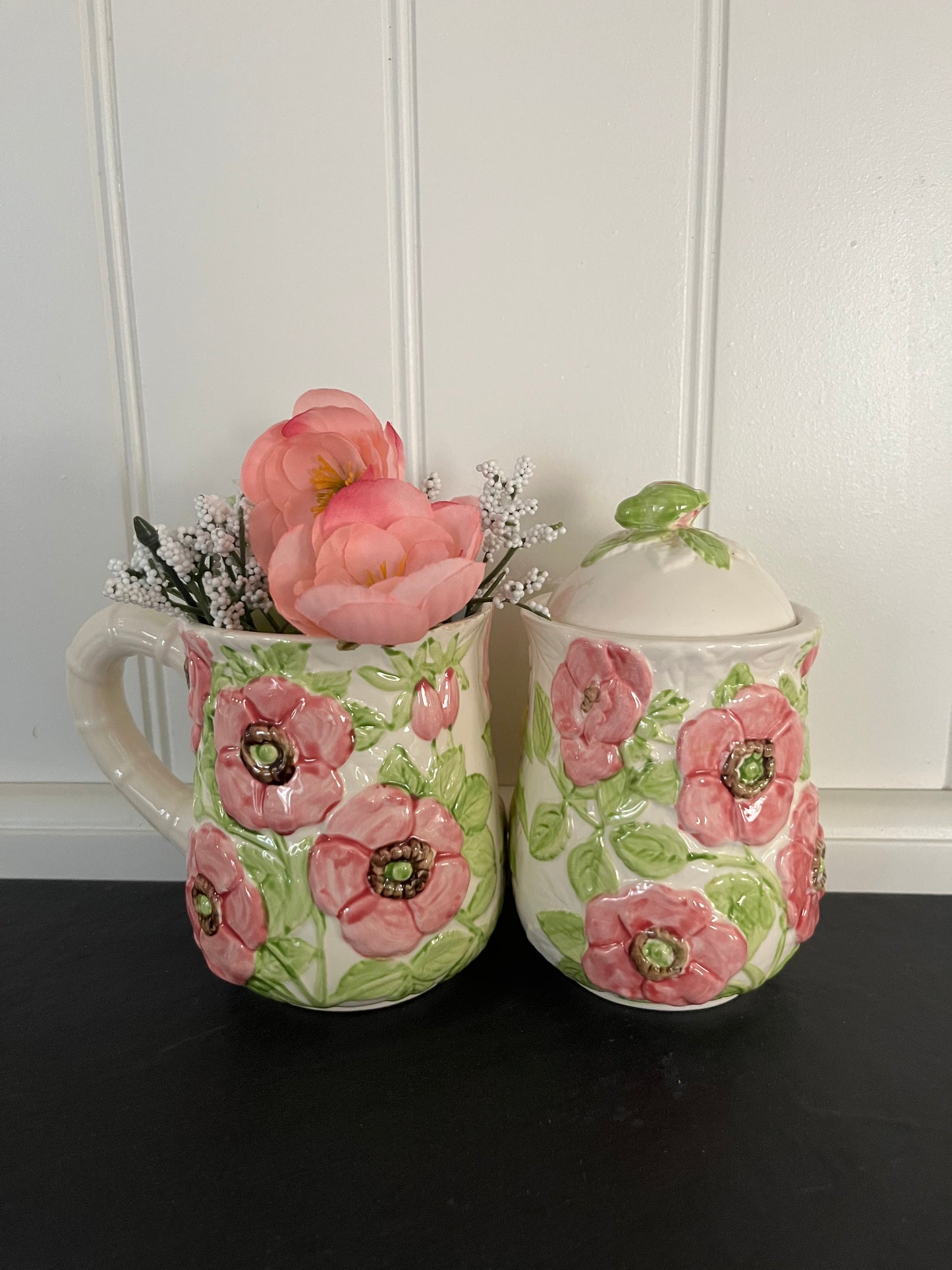 Vintage 1988 Shafford Fleurs Du Jour Sugar & Creamer Set with 2 Mugs - Colorful 3D Raised Embossed Flowers