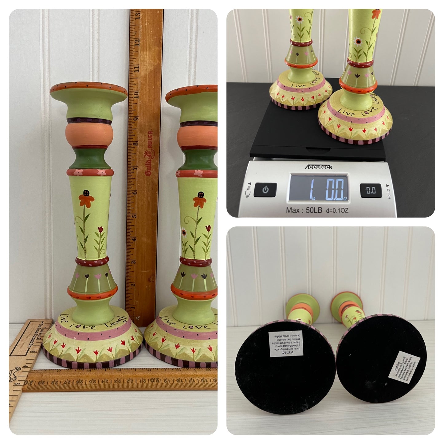 Circa 2005 Tracy Porter Style Hand-Painted Wood Candlesticks - Whimsical Folk Art