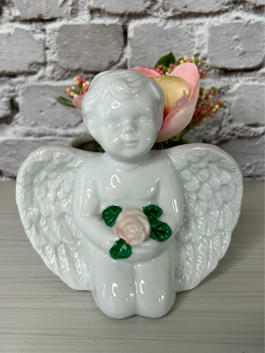 Vintage 1980s White Cherub Ceramic Planter – Rococo Angel Holding a Pink Rose