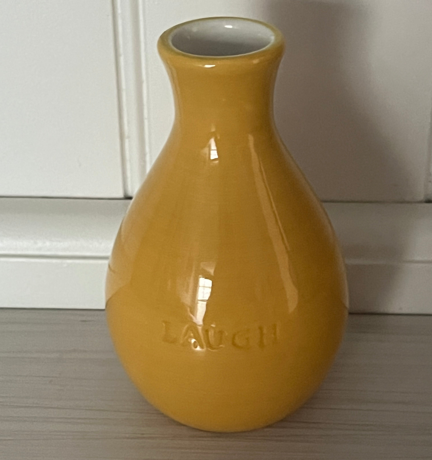 Modern Mustard Yellow Ceramic Bud Vase – “Laugh” Embossed, 4” Decorative Mini Vase