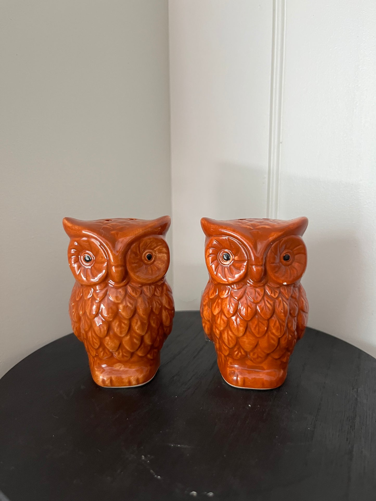 Vintage 1970s Brown Glazed Ceramic Owl Salt & Pepper Shaker Set |