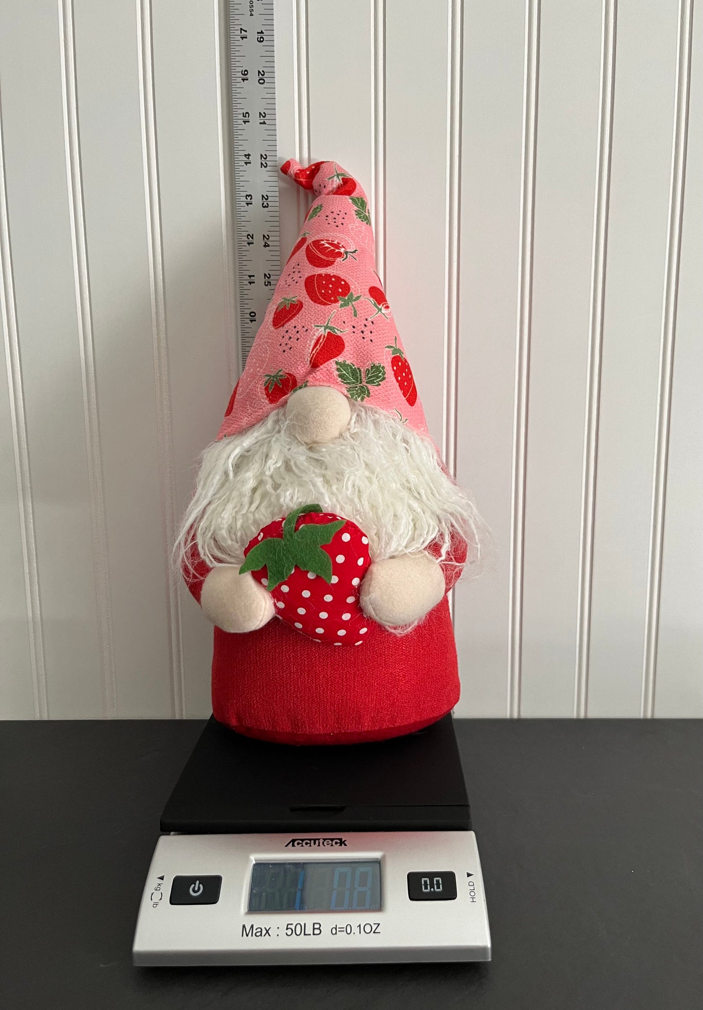 Whimsical Fabric Gnome with Strawberry Hat and Strawberry Fruit - Summer Table Décor - 16.5” Height