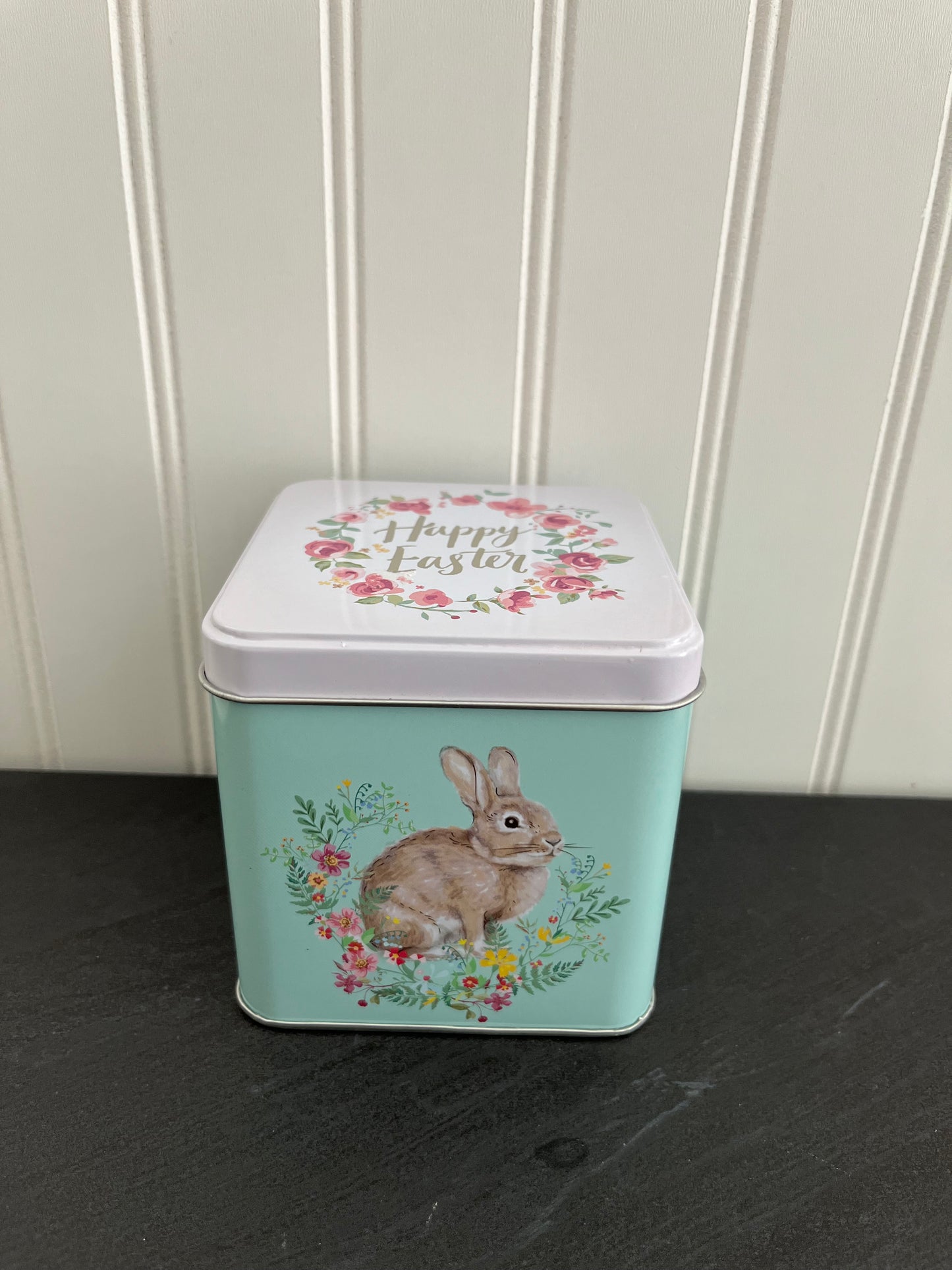 Brown Bunny Rabbit with Spring Flowers Mint Green 4” Sq Tin with Lid