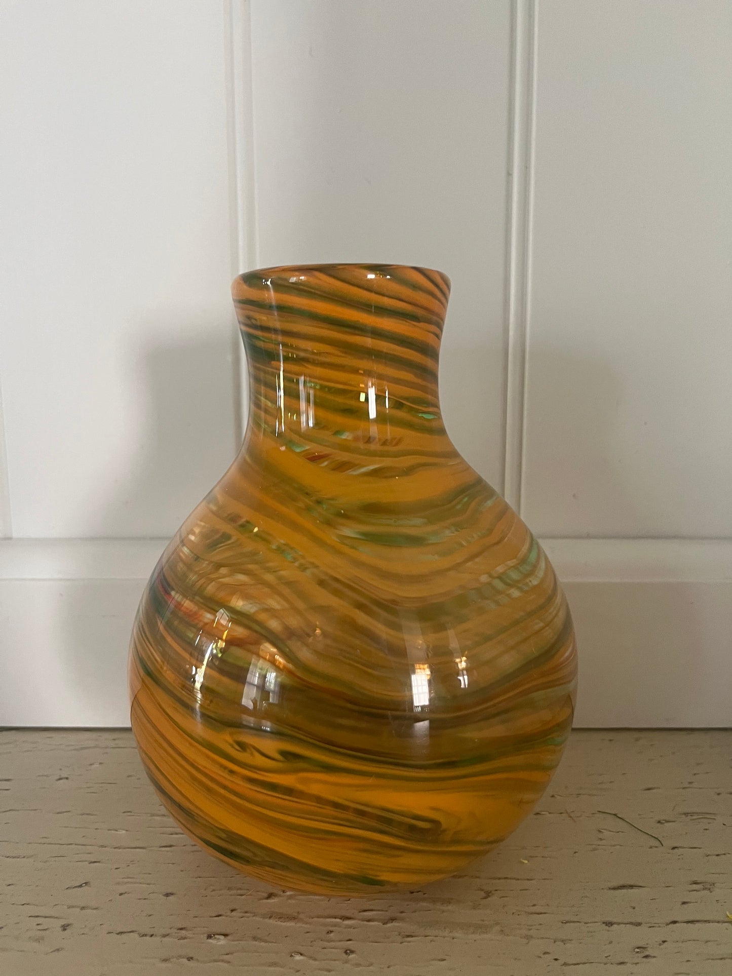 1970s Hand-Blown Swirl Art Glass Vase – Orange & Green Marbled Pattern | 6” Tall