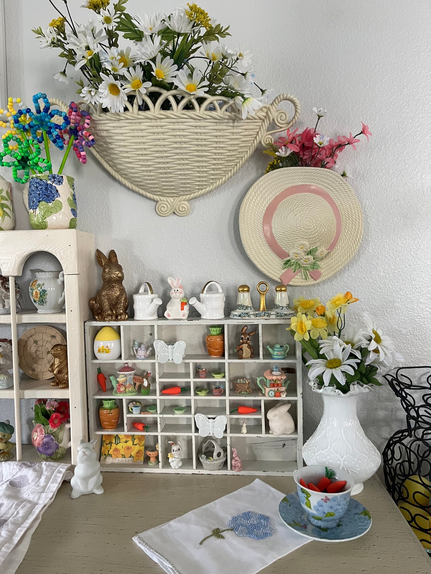 Sweet Vintage Ceramic Bunny with Baby Chick & Orange Flower - Kitschy Nostalgic Cottage decor