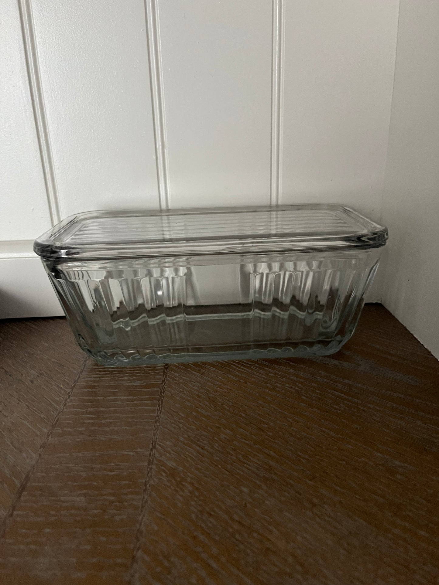 1940’s Clear Ribbed Glass Refrigerator Dish with Lid Glass Storage Container Anchor Hocking Rectangular 1.5 Qt (2 lb 14.8 oz)