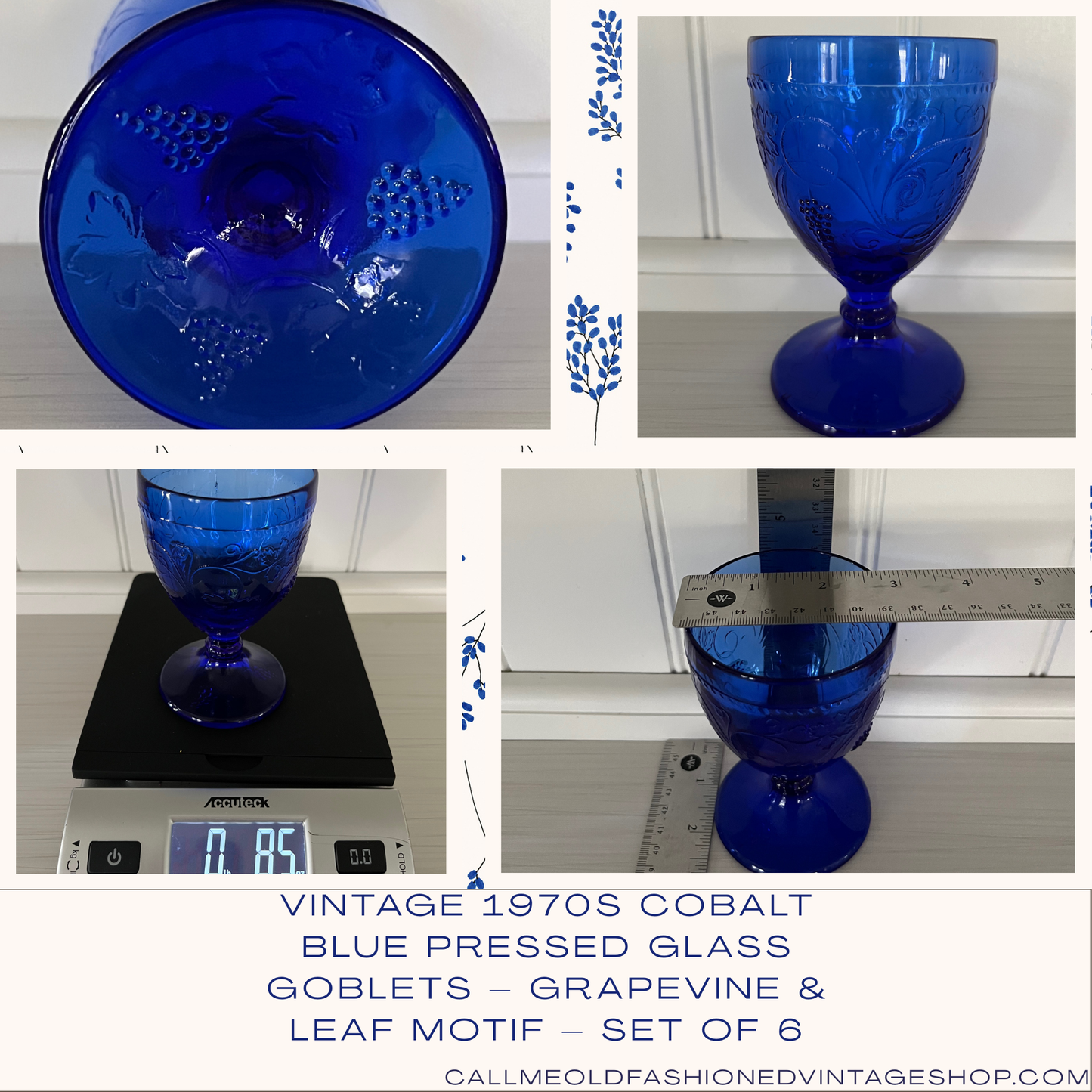 Vintage 1970s Cobalt Blue Pressed Glass Goblets Grapevine & Leaf Motif – Set of 6