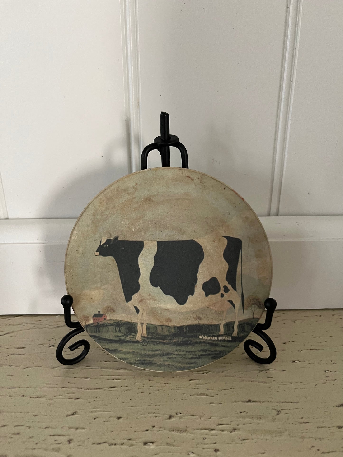 1980s Vintage Warren Kimble Coasterstone with Cork Backing – Black & White Cow Farmhouse Folk Art