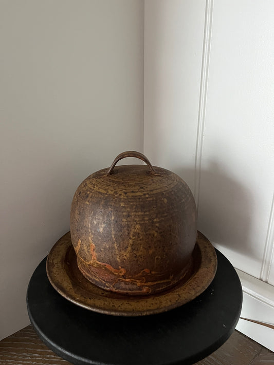 Vintage Rustic Stoneware Butter Bell with Drip Plate, Cheese Keeper– Hand-Thrown Brown Pottery (1970s)