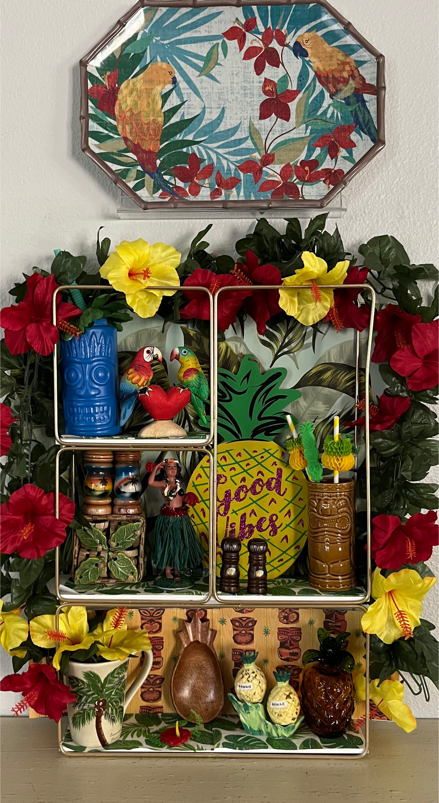Vintage Melamine Tropical Parrots & Birds Serving Tray with Flowers & Bamboo, 15” x 11”