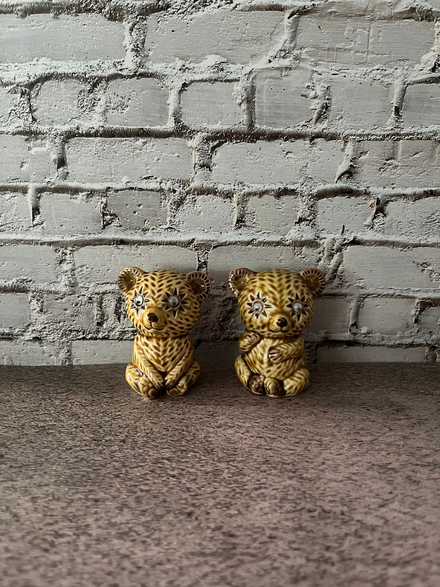 Vintage Googly Eyed Ceramic Tawny 70’s Patchwork Style Bear Cub Salt & Pepper Shakers