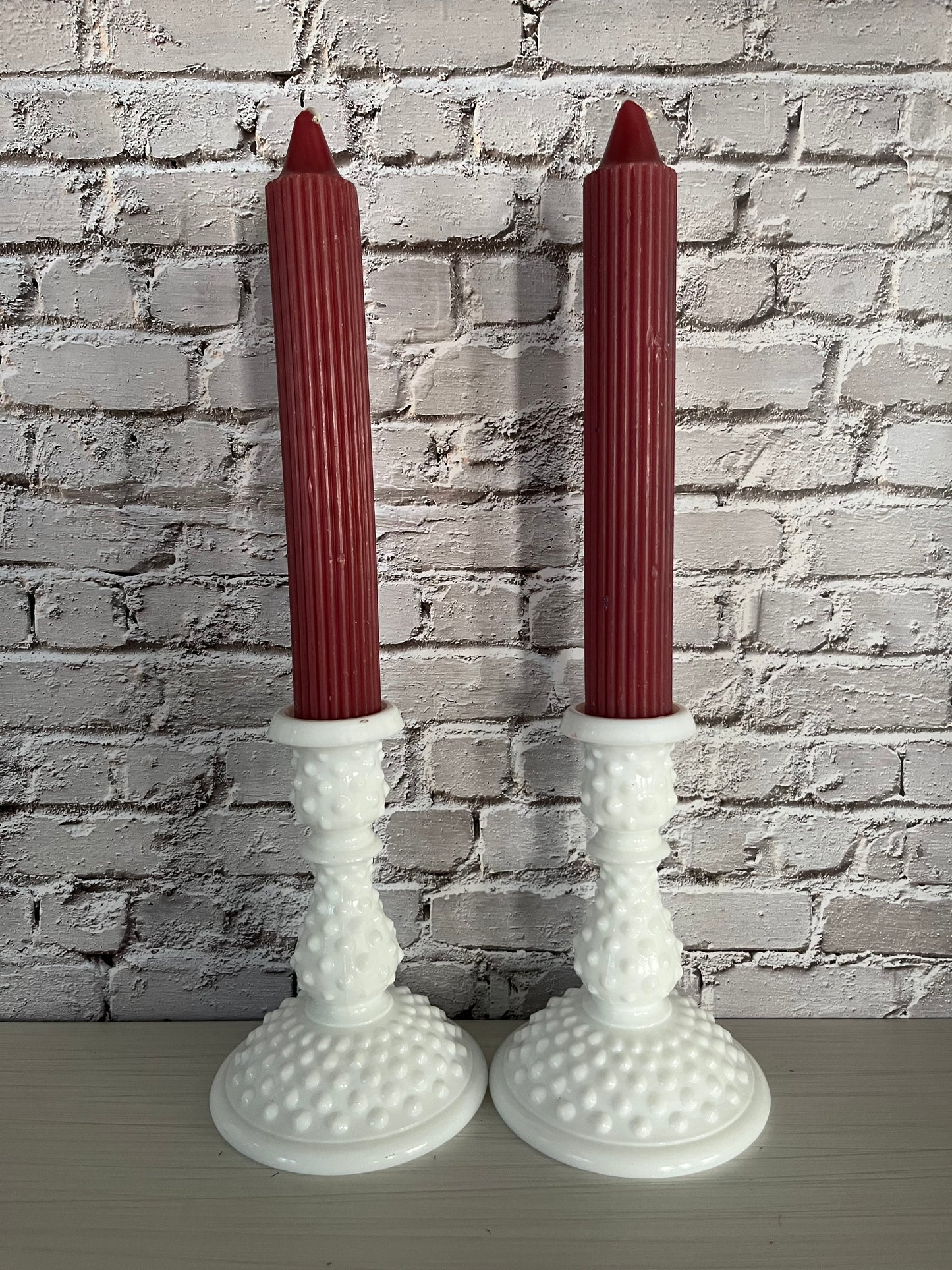 Vintage Fenton 1960’s Art Milk Glass Hobnail 6” Candlesticks - Pair
