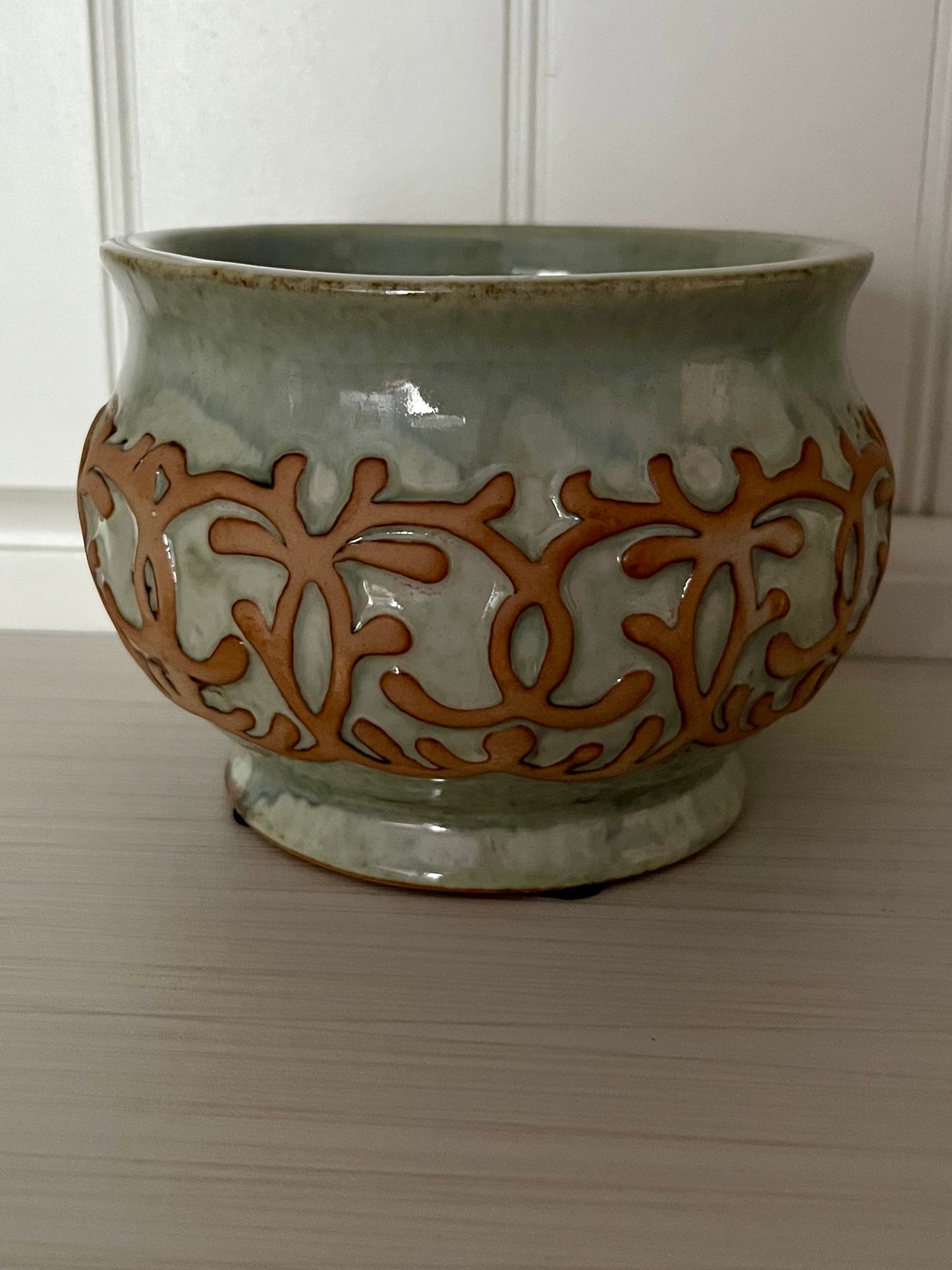 NAPCO Ceramic Coral Relief Planter Vase – Coastal Gray & Terracotta Glaze (Modern Decorative Pot, c. 2000s)