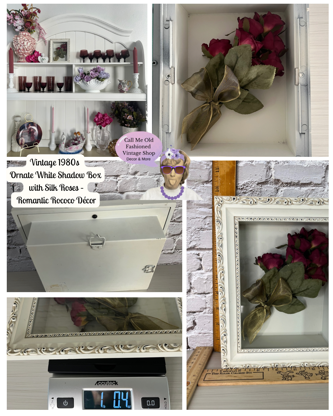 Vintage 1980s Ornate White Shadow Box with Silk Roses – Romantic Rococo Décor
