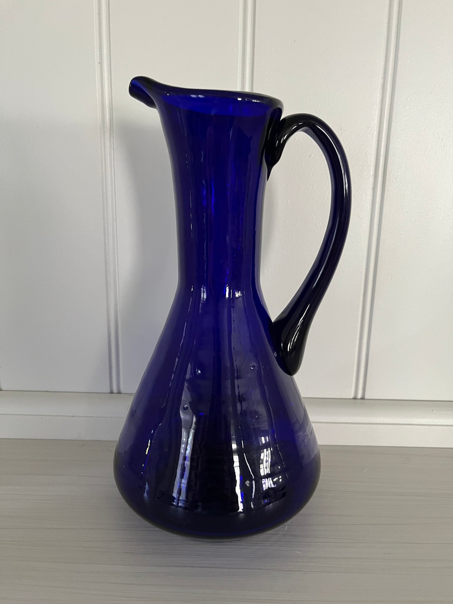 Vintage Hand Blown Blue Glass Carafe Pitcher Applied Handle - Cobalt Blue 1960s–1970s