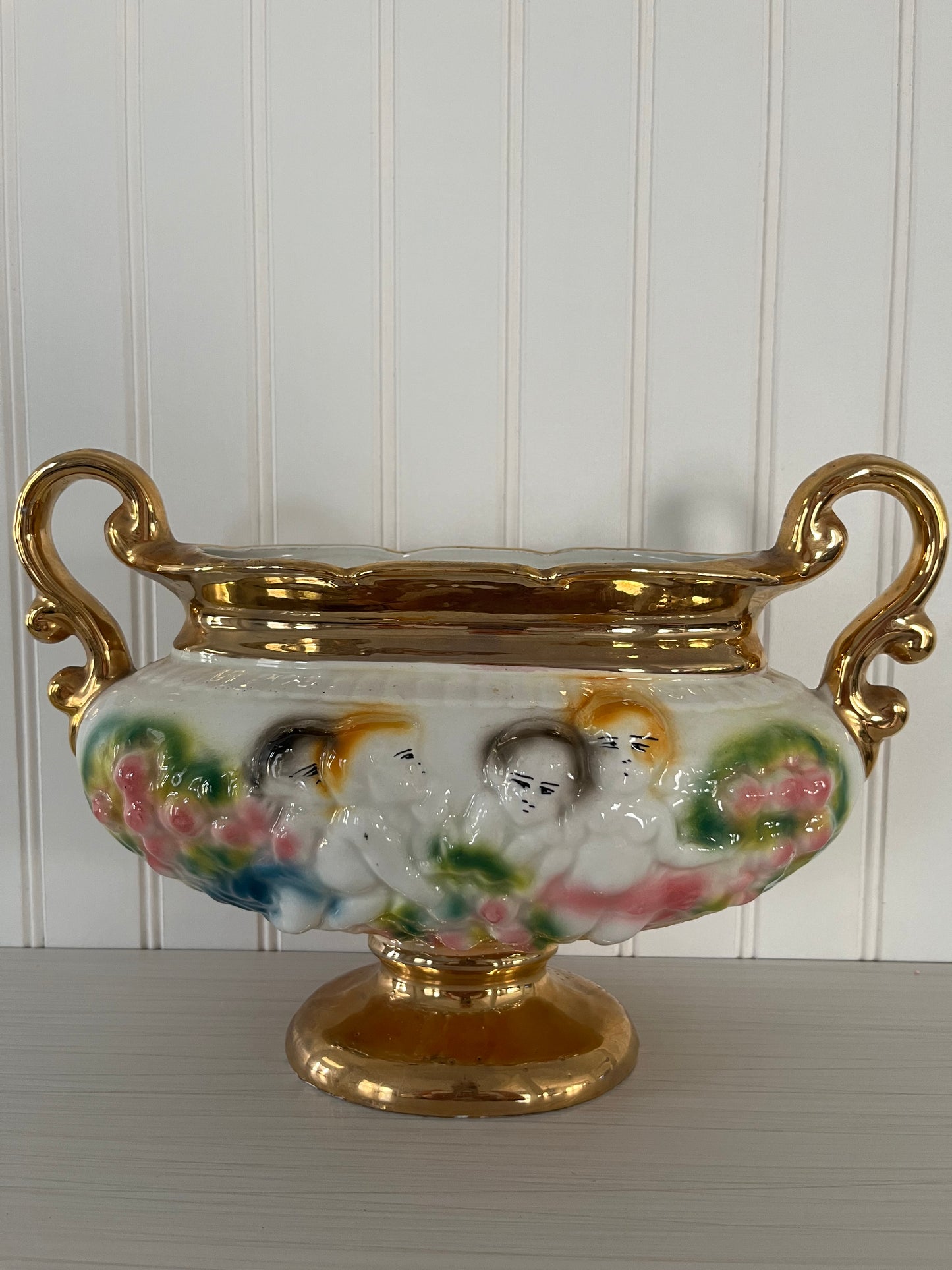 Vintage 1950s Italian Hand-Decorated Porcelain Cherub Vase with Gold Trim — Decorato a Mano