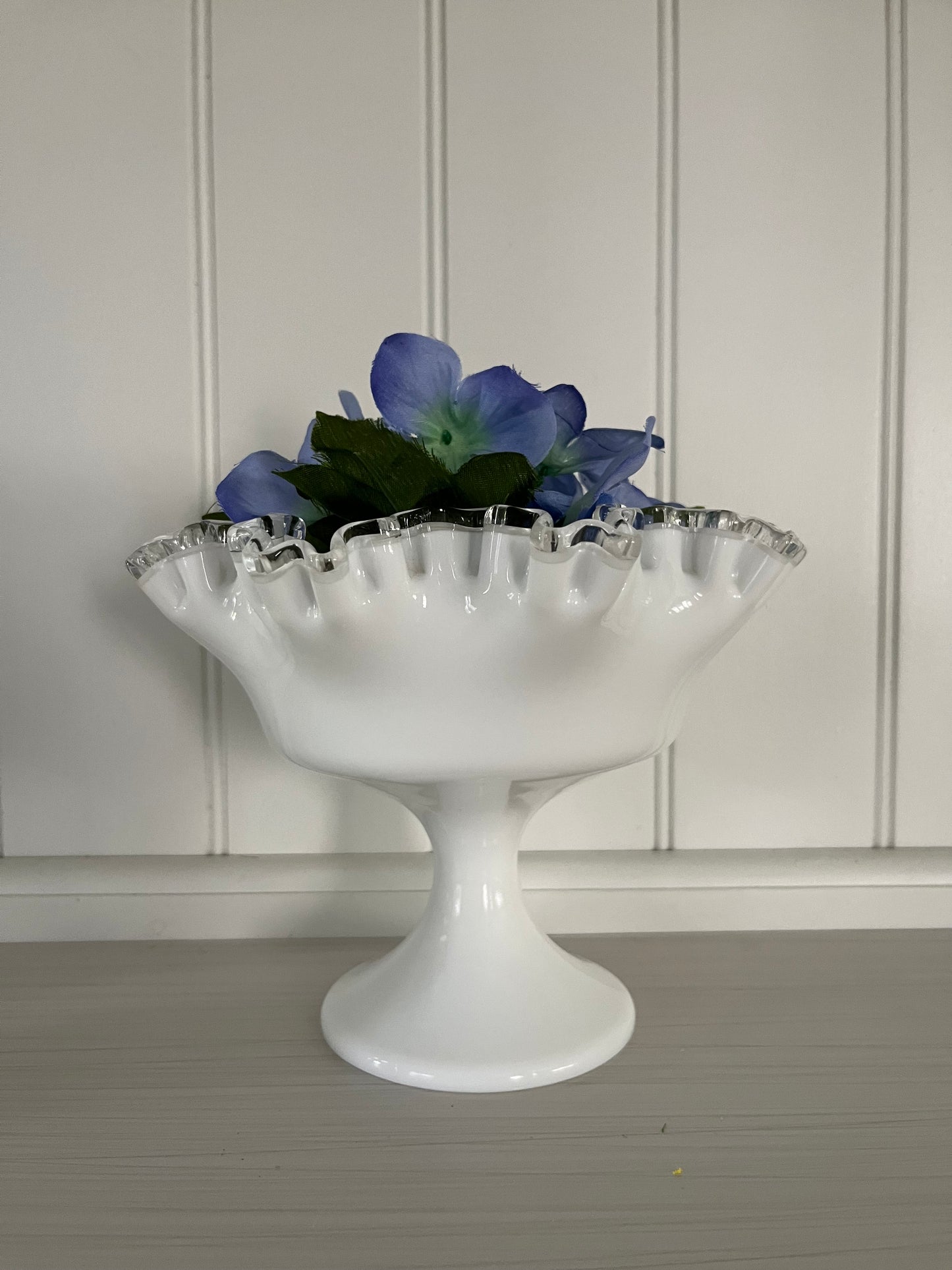Vintage Fenton Silvercrest Large Ruffled Edge Pedestal Bowl Compote - 1950s White Milk Glass