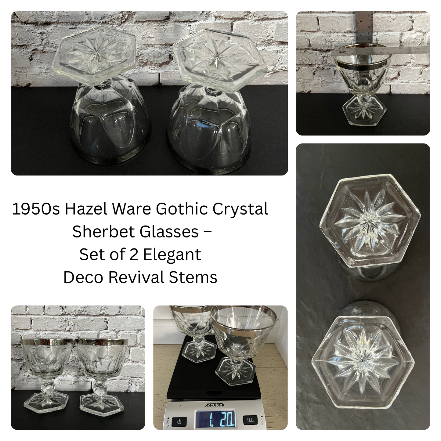 1950s Hazel Ware Gothic Crystal Sherbet Glasses – Set of 2 Elegant Deco Revival Stems