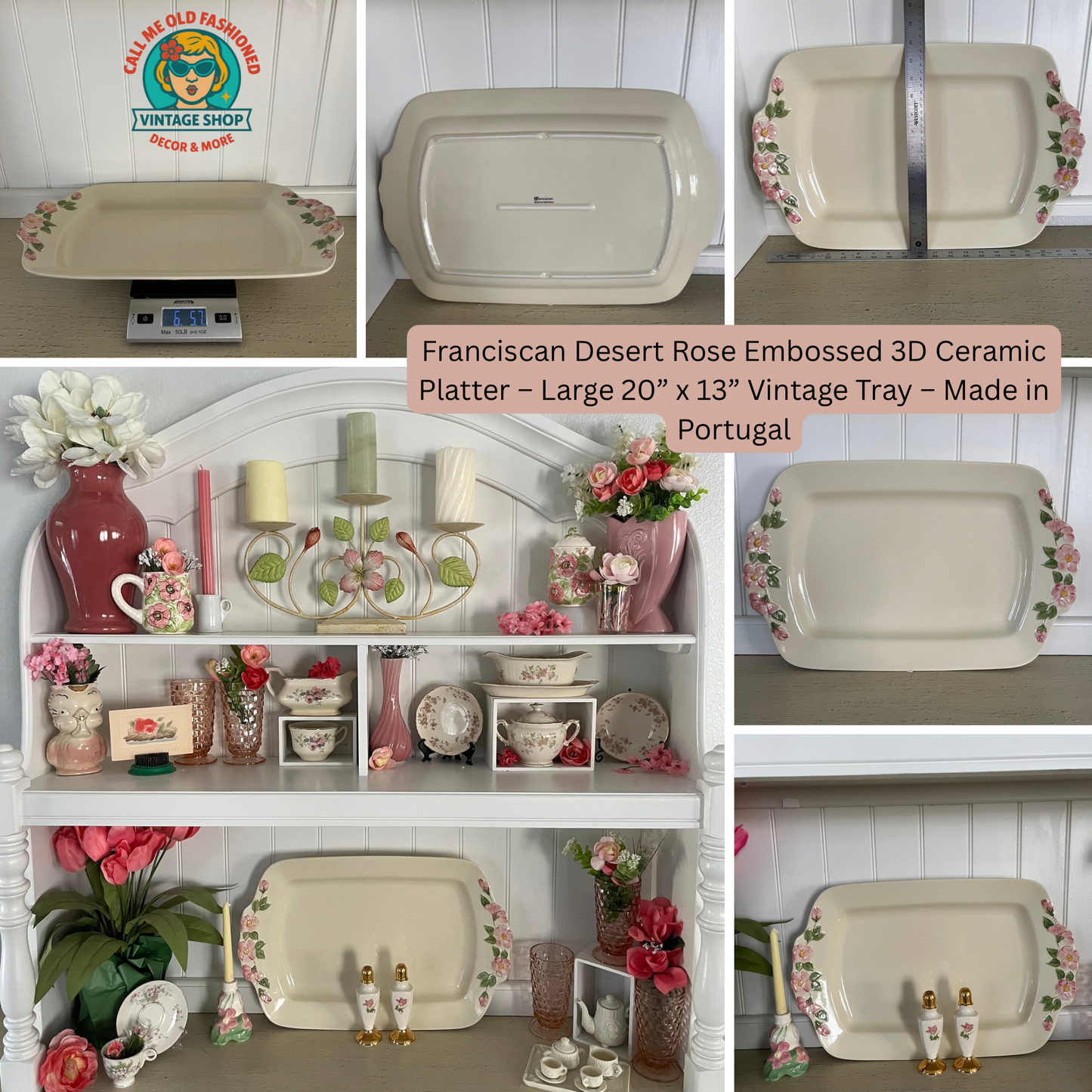 1990’s Franciscan Desert Rose Embossed 3D Ceramic Platter – Large 20x13 Vintage Tray – Made in Portugal – 6.5 lb