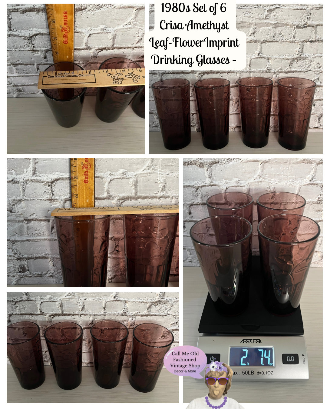 1980s Set of 6 Crisa Amethyst Leaf-Imprint Drinking Glasses –
