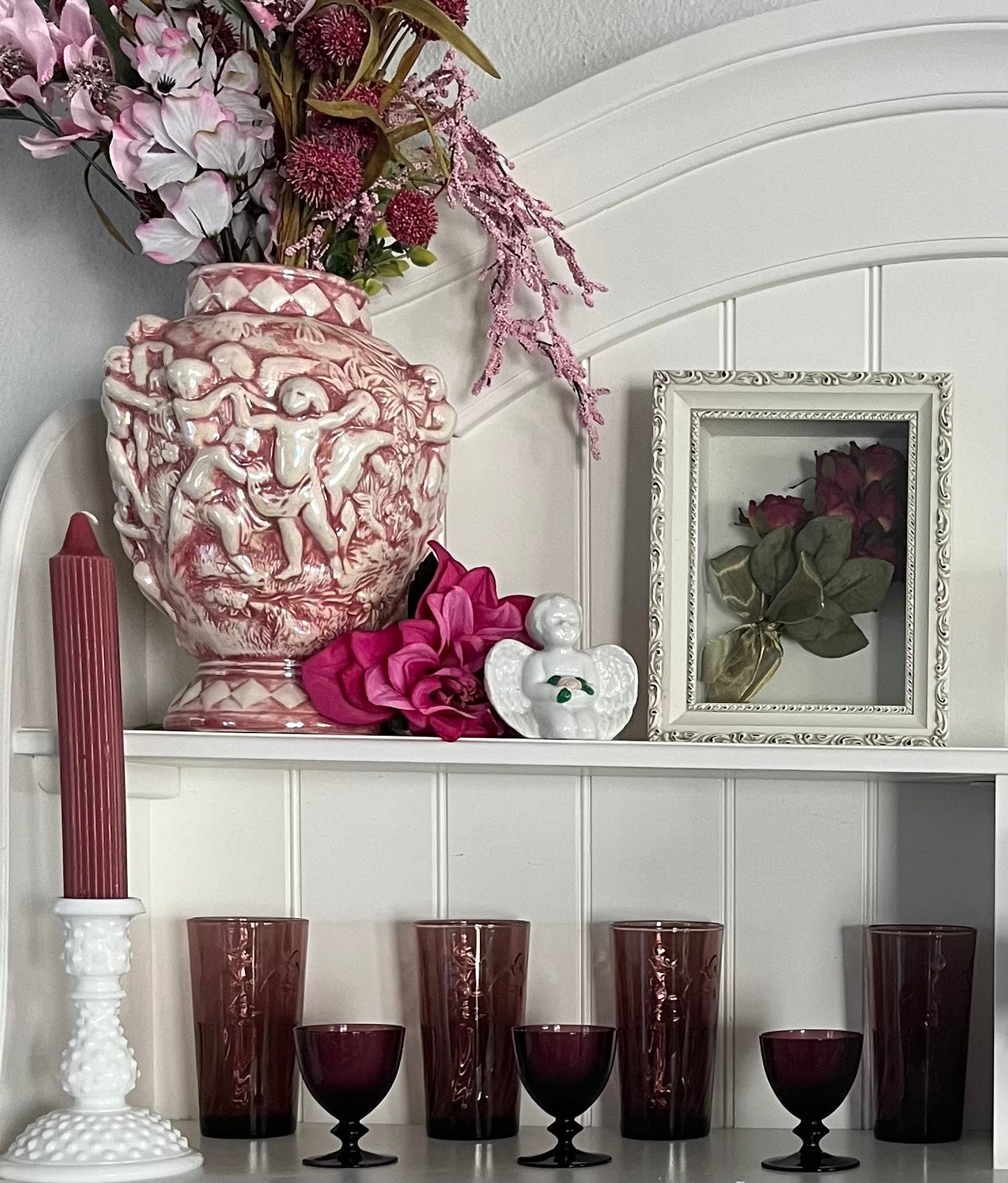 Vintage 1980s Ornate White Shadow Box with Silk Roses – Romantic Rococo Décor