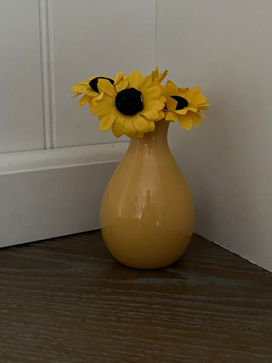 Modern Mustard Yellow Ceramic Bud Vase – “Laugh” Embossed, 4” Decorative Mini Vase
