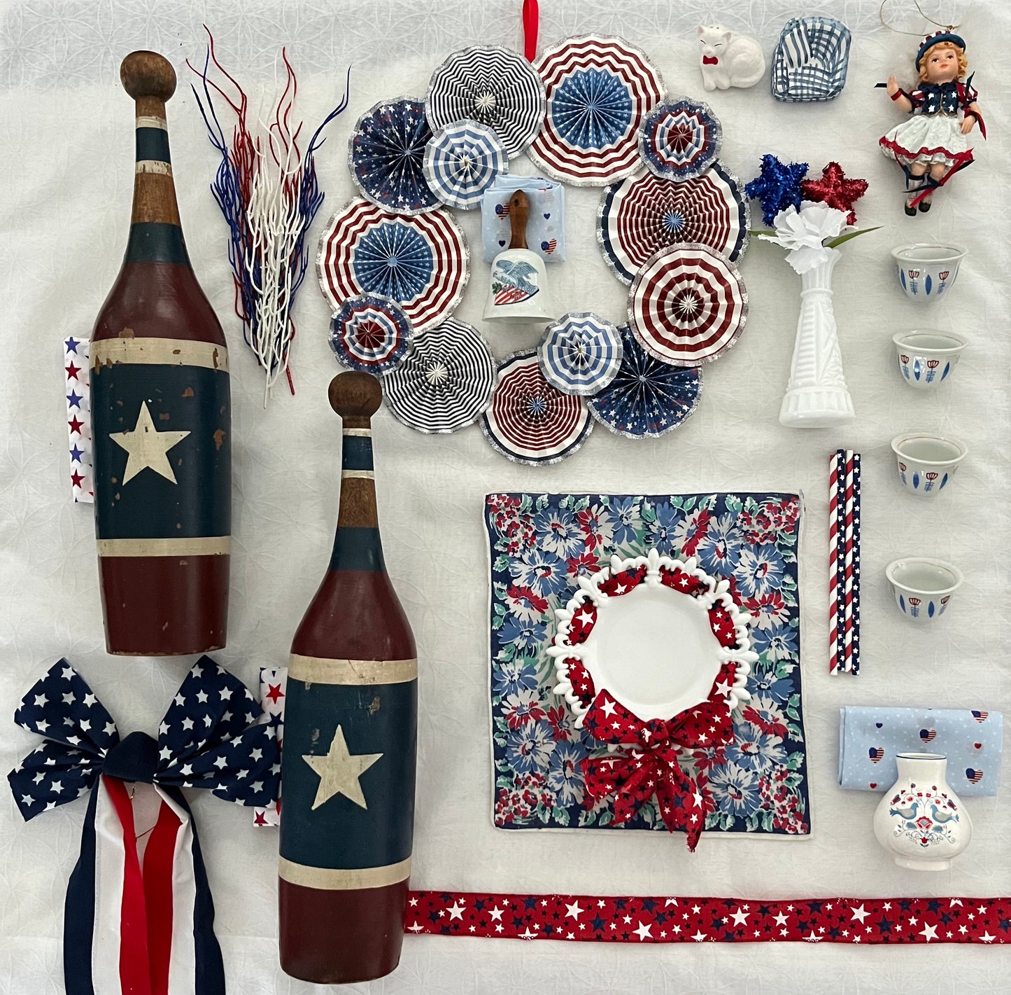 Vintage Ceramic Liberty Bell with Wooden Handle - 5” U.S. Flag Design