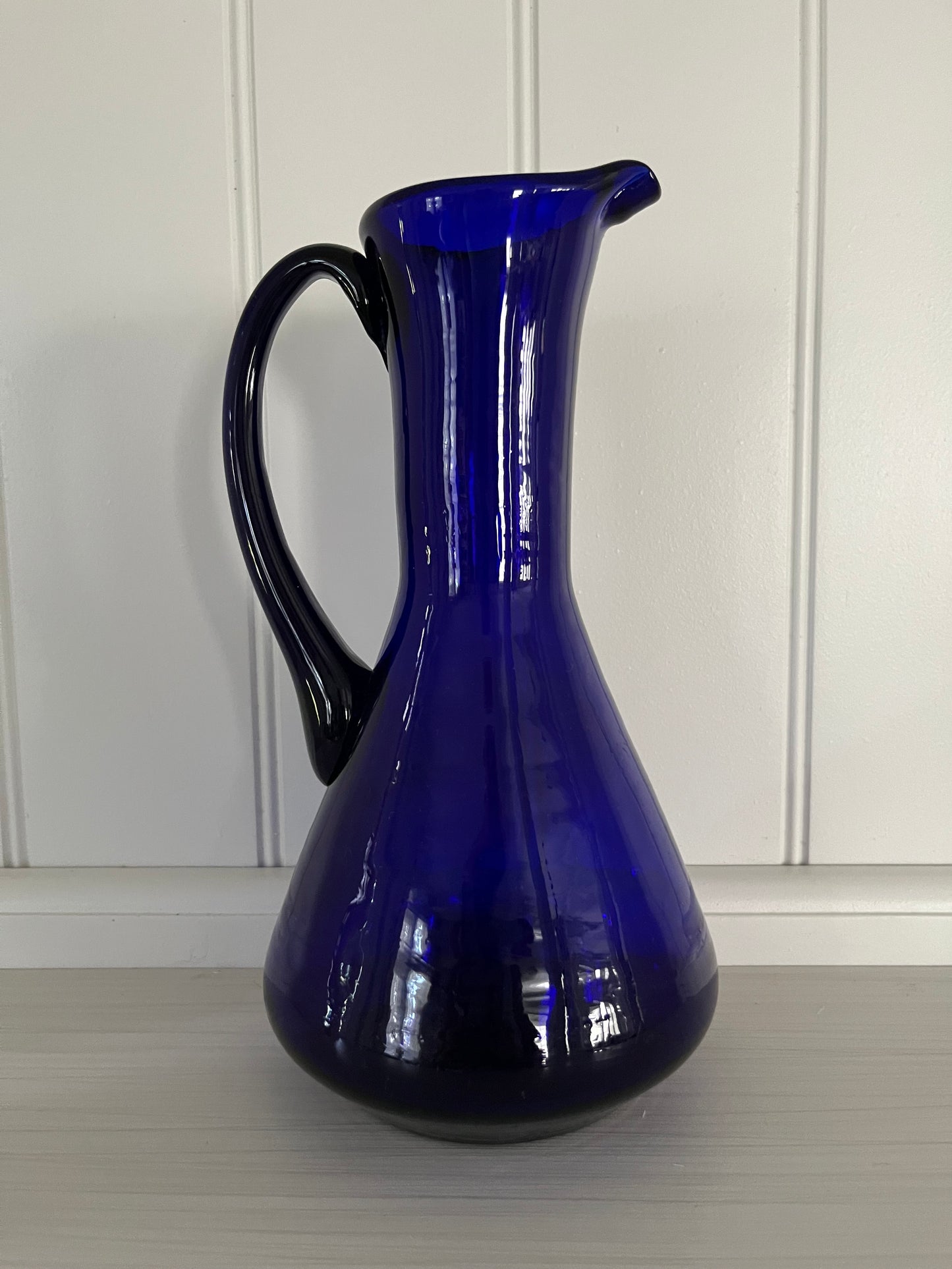 Vintage Hand Blown Blue Glass Carafe Pitcher Applied Handle - Cobalt Blue 1960s–1970s