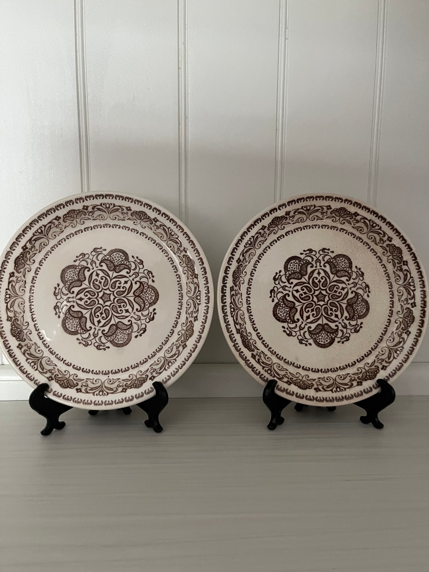 Vintage Brown Transferware Bread & Butter Plates – Wellesley-Style Scroll Pattern (Unmarked, 1950s–1960s, Set of 2)